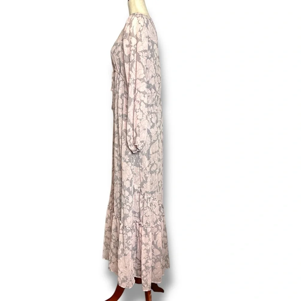 Lovestitch Pink & Grey Floral Balloon Sleeve V-Neck Tiered Maxi Dress Size Med - Picture 4 of 12